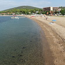 CHALKIDIKI, CENTRAL MACEDONIA, GREECE - AUGUST 25, 2014: Panoramic view of Psakoudia Beach at Sithonia peninsula, Chalkidiki, Central Macedonia, Greece