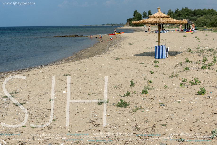 CHALKIDIKI, CENTRAL MACEDONIA, GREECE - AUGUST 25, 2014: Panoramic view of Monopetro Beach at Sithonia peninsula, Chalkidiki, Central Macedonia, Greece