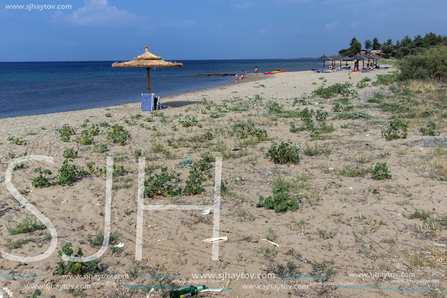 CHALKIDIKI, CENTRAL MACEDONIA, GREECE - AUGUST 25, 2014: Panoramic view of Monopetro Beach at Sithonia peninsula, Chalkidiki, Central Macedonia, Greece