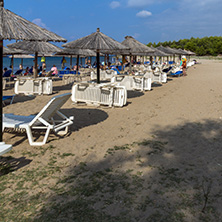 CHALKIDIKI, CENTRAL MACEDONIA, GREECE - AUGUST 25, 2014: Seascape of Blue Dolphin Cove Beach at Sithonia peninsula, Chalkidiki, Central Macedonia, Greece