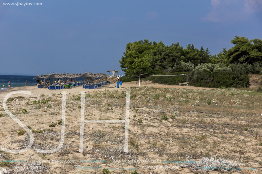 CHALKIDIKI, CENTRAL MACEDONIA, GREECE - AUGUST 25, 2014: Seascape of Blue Dolphin Cove Beach at Sithonia peninsula, Chalkidiki, Central Macedonia, Greece