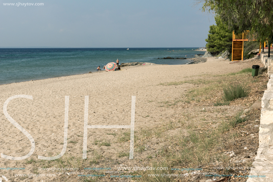 CHALKIDIKI, CENTRAL MACEDONIA, GREECE - AUGUST 25, 2014: Panoramic view of Blue Dolphin Beach at Sithonia peninsula, Chalkidiki, Central Macedonia, Greece