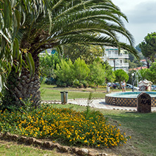 CHALKIDIKI, CENTRAL MACEDONIA, GREECE - AUGUST 25, 2014: Panoramic view of Metamorfosi Beach at Sithonia peninsula, Chalkidiki, Central Macedonia, Greece