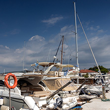 CHALKIDIKI, CENTRAL MACEDONIA, GREECE - AUGUST 25, 2014: Panoramic view of Nikiti Beach at Sithonia peninsula, Chalkidiki, Central Macedonia, Greece