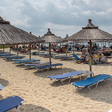 CHALKIDIKI, CENTRAL MACEDONIA, GREECE - AUGUST 25, 2014: Seascape of Kalogria beach at Sithonia peninsula, Chalkidiki, Central Macedonia, Greece