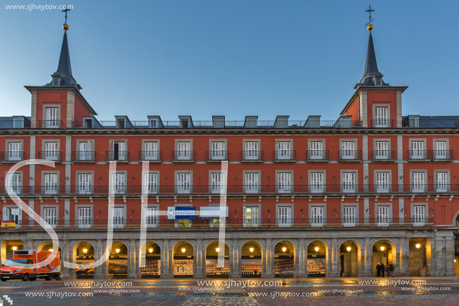 MADRID, SPAIN - JANUARY 22, 2018:  Sunrise view of Plaza Mayor with statue of King Philips III in Madrid, Spain