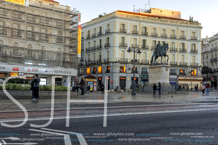 MADRID, SPAIN - JANUARY 22, 2018:  Sunrise view of Puerta del Sol in Madrid, Spain