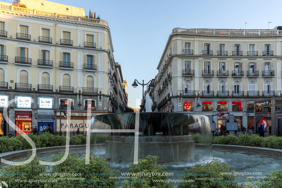 MADRID, SPAIN - JANUARY 22, 2018:  Sunrise view of Puerta del Sol in Madrid, Spain