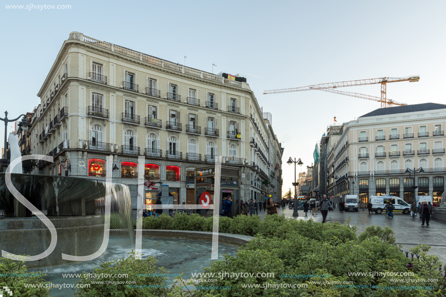 MADRID, SPAIN - JANUARY 22, 2018:  Sunrise view of Puerta del Sol in Madrid, Spain