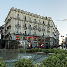 MADRID, SPAIN - JANUARY 22, 2018:  Sunrise view of Puerta del Sol in Madrid, Spain