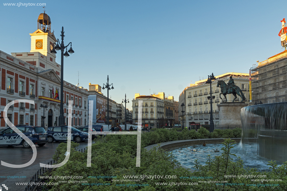 MADRID, SPAIN - JANUARY 22, 2018:  Sunrise view of Puerta del Sol in Madrid, Spain