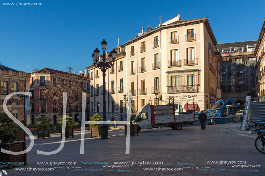 MADRID, SPAIN - JANUARY 22, 2018:  Sunrise view of Plaza de San Martin in Madrid, Spain