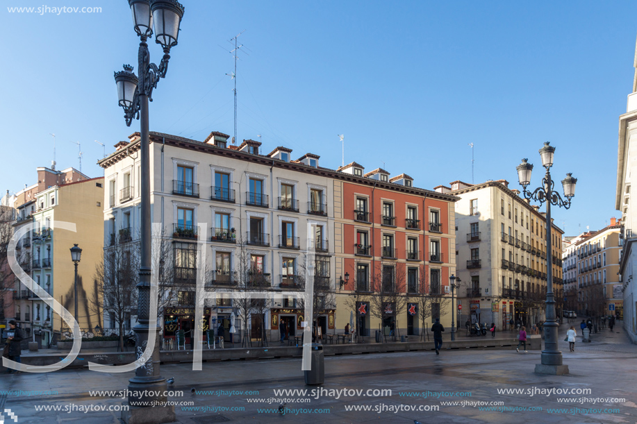 MADRID, SPAIN - JANUARY 22, 2018:  Sunrise view of Plaza de Isabel II in city of Madrid, Spain