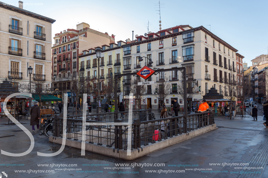 MADRID, SPAIN - JANUARY 22, 2018:  Sunrise view of Plaza de Isabel II in city of Madrid, Spain
