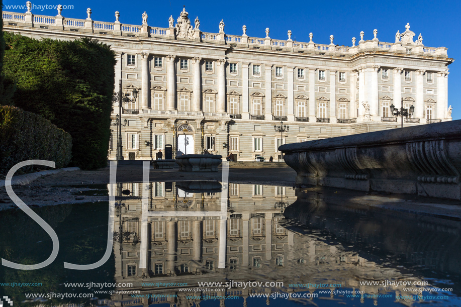 MADRID, SPAIN - JANUARY 22, 2018:  Beautiful view of the facade of the Royal Palace of Madrid, Spain