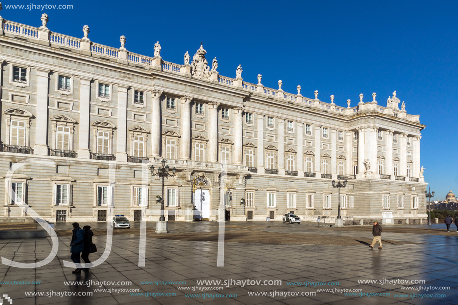MADRID, SPAIN - JANUARY 22, 2018:  Beautiful view of the facade of the Royal Palace of Madrid, Spain