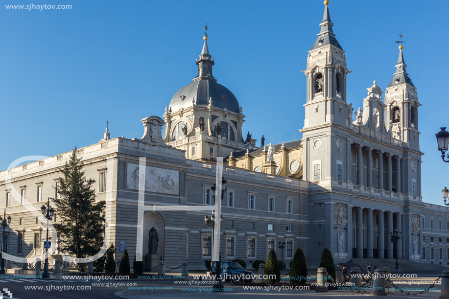 MADRID, SPAIN - JANUARY 22, 2018:  Amazing view of Almudena Cathedral in City of Madrid, Spain