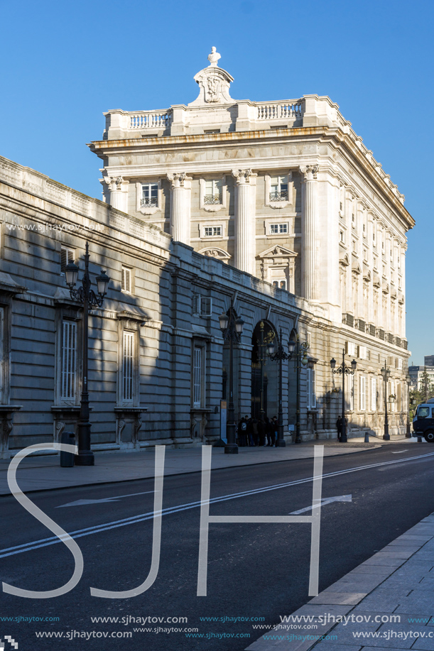MADRID, SPAIN - JANUARY 22, 2018:  Beautiful view of the facade of the Royal Palace of Madrid, Spain
