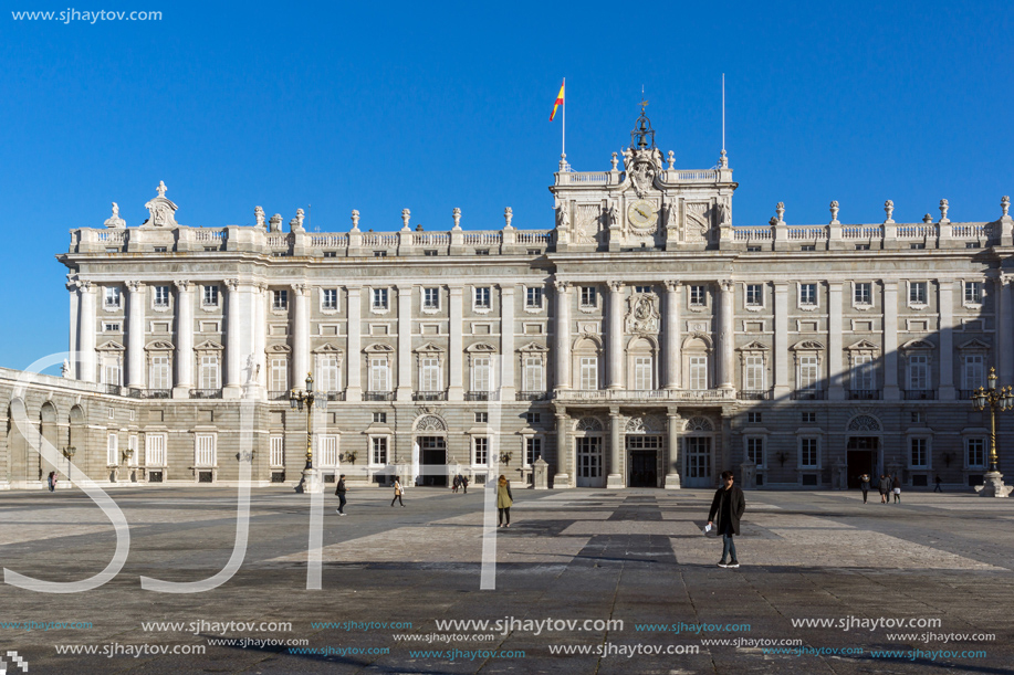 MADRID, SPAIN - JANUARY 22, 2018:  Beautiful view of the facade of the Royal Palace of Madrid, Spain