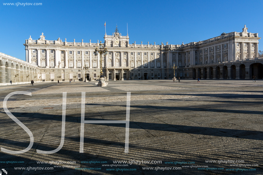 MADRID, SPAIN - JANUARY 22, 2018:  Beautiful view of the facade of the Royal Palace of Madrid, Spain