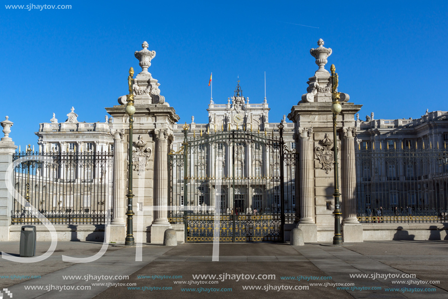 MADRID, SPAIN - JANUARY 22, 2018:  Beautiful view of the facade of the Royal Palace of Madrid, Spain