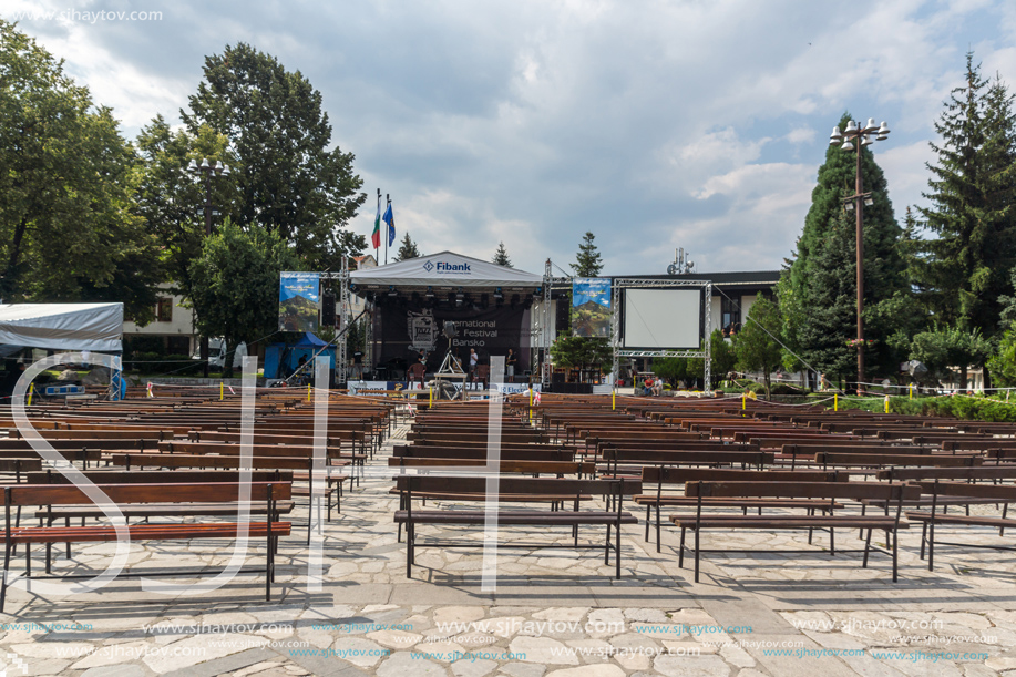 BANSKO, BULGARIA - AUGUST 13, 2013: Center of Bansko resort, Blagoevgrad Region, Bulgaria