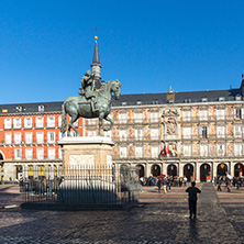 MADRID, SPAIN - JANUARY 22, 2018:  Plaza Mayor with statue of King Philips III in Madrid, Spain
