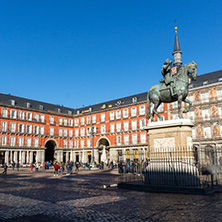 MADRID, SPAIN - JANUARY 22, 2018:  Plaza Mayor with statue of King Philips III in Madrid, Spain