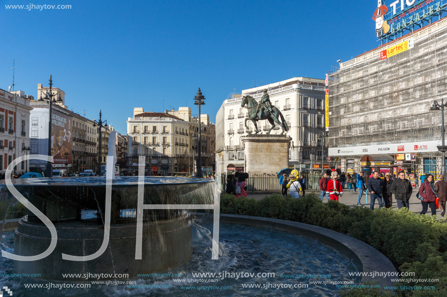 MADRID, SPAIN - JANUARY 22, 2018:  Equestrian Statue of Carlos III at Puerta del Sol in Madrid, Spain