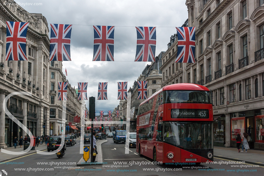 LONDON, ENGLAND - JUNE 16 2016: Clouds over Oxford Street, City of London, England, Great Britain