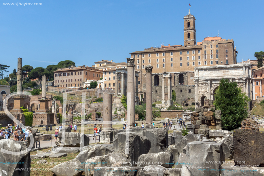 ROME, ITALY - JUNE 24, 2017: Panoramic view of Roman Forum and Capitoline Hill in city of Rome, Italy