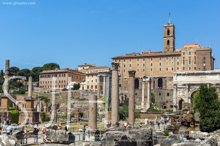 ROME, ITALY - JUNE 24, 2017: Panoramic view of Roman Forum and Capitoline Hill in city of Rome, Italy