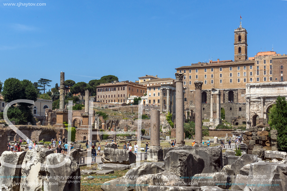 ROME, ITALY - JUNE 24, 2017: Panoramic view of Roman Forum and Capitoline Hill in city of Rome, Italy