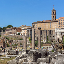 ROME, ITALY - JUNE 24, 2017: Panoramic view of Roman Forum and Capitoline Hill in city of Rome, Italy