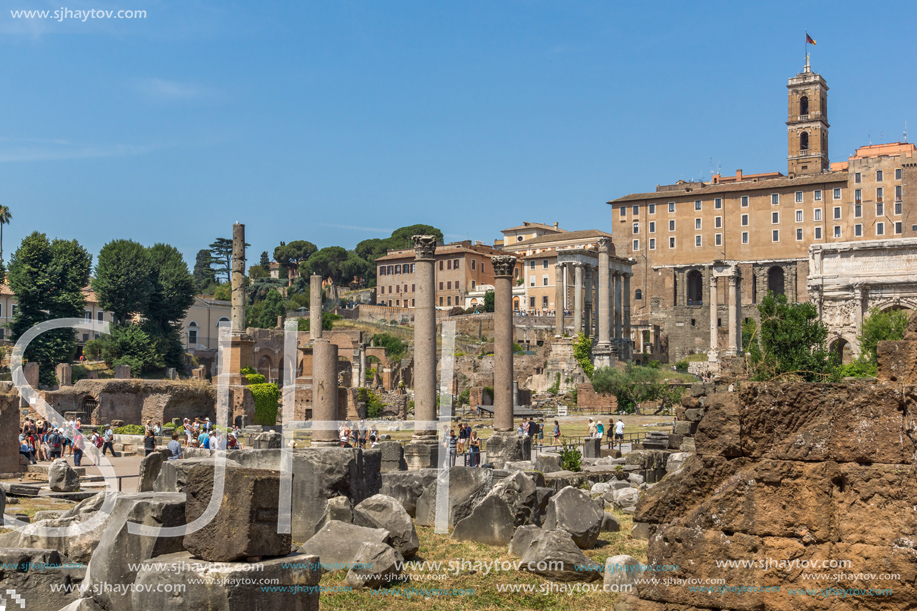 ROME, ITALY - JUNE 24, 2017: Panoramic view of Roman Forum and Capitoline Hill in city of Rome, Italy