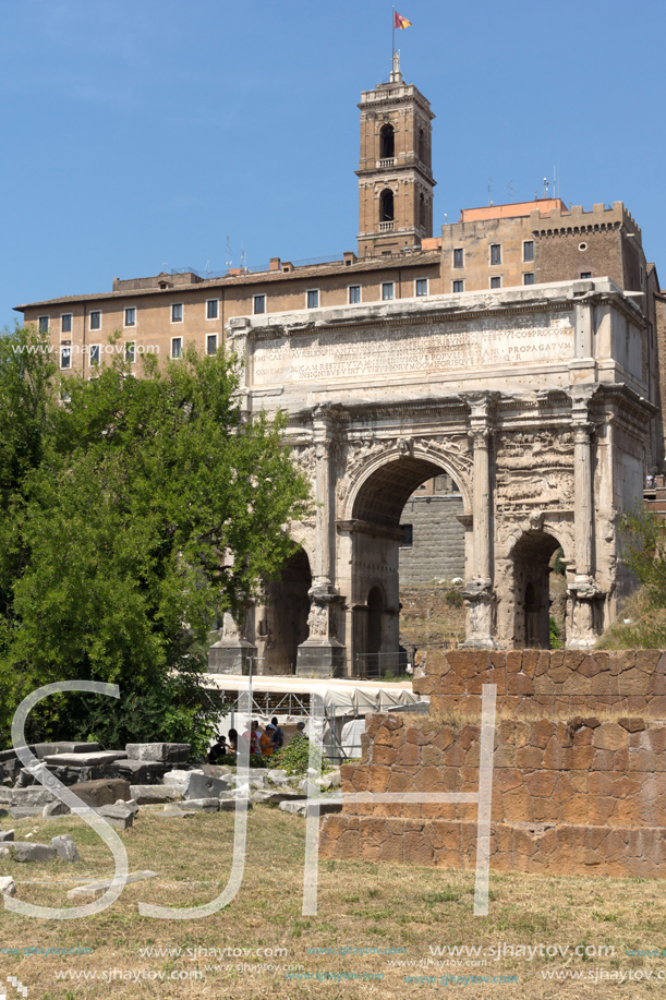 ROME, ITALY - JUNE 24, 2017: Capitoline Hill, Septimius Severus Arch at Roman Forum in city of Rome, Italy