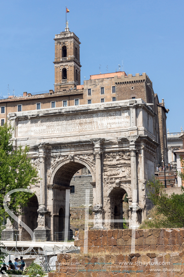 ROME, ITALY - JUNE 24, 2017: Capitoline Hill, Septimius Severus Arch at Roman Forum in city of Rome, Italy