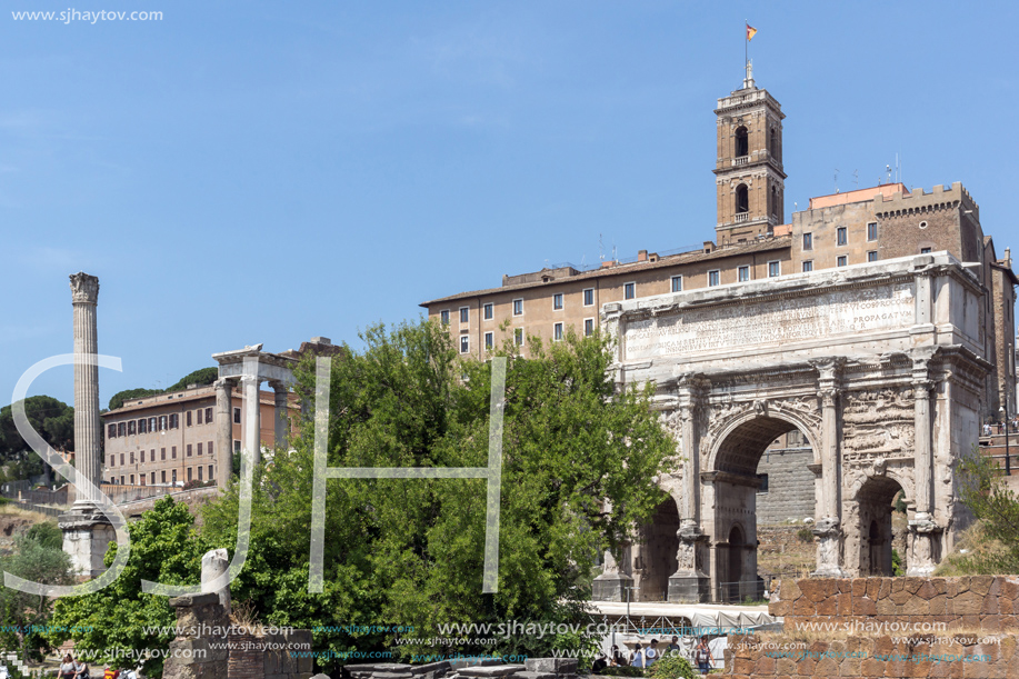 ROME, ITALY - JUNE 24, 2017: Capitoline Hill, Septimius Severus Arch at Roman Forum in city of Rome, Italy