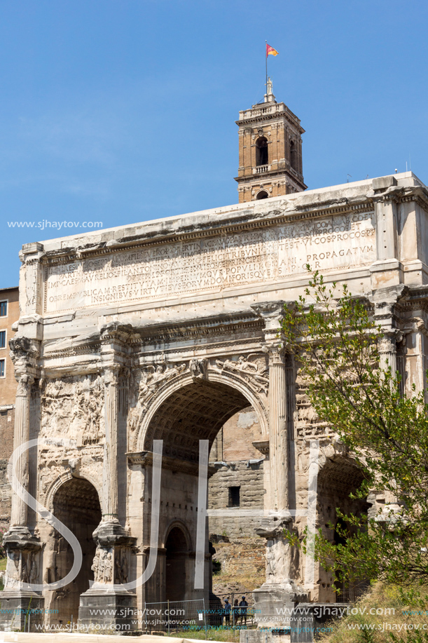 ROME, ITALY - JUNE 24, 2017: Capitoline Hill, Septimius Severus Arch at Roman Forum in city of Rome, Italy