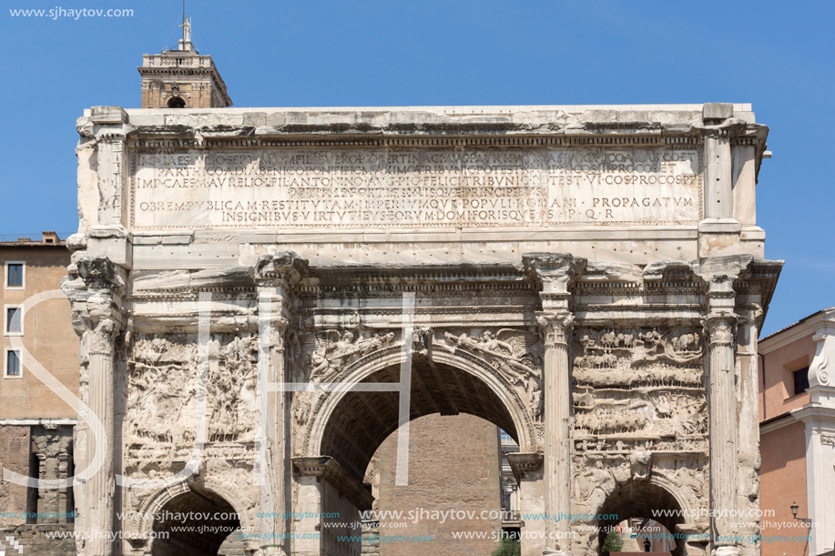 ROME, ITALY - JUNE 24, 2017: Capitoline Hill, Septimius Severus Arch at Roman Forum in city of Rome, Italy