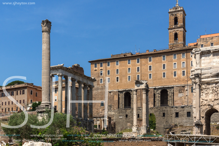 ROME, ITALY - JUNE 24, 2017: Panoramic view of Roman Forum and Capitoline Hill in city of Rome, Italy