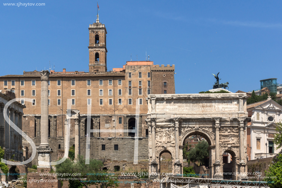 ROME, ITALY - JUNE 24, 2017: Capitoline Hill, Septimius Severus Arch at Roman Forum in city of Rome, Italy