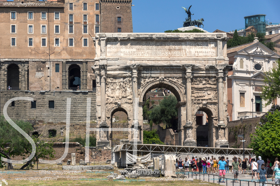 ROME, ITALY - JUNE 24, 2017: Capitoline Hill, Septimius Severus Arch at Roman Forum in city of Rome, Italy