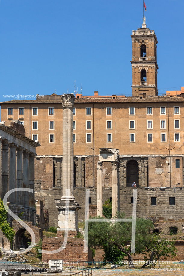 ROME, ITALY - JUNE 24, 2017: Panoramic view of Roman Forum and Capitoline Hill in city of Rome, Italy