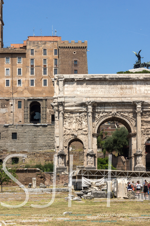 ROME, ITALY - JUNE 24, 2017: Capitoline Hill, Septimius Severus Arch at Roman Forum in city of Rome, Italy