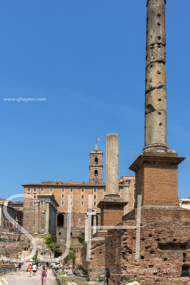 ROME, ITALY - JUNE 24, 2017: Column of Phocas at Roman Forum in city of Rome, Italy