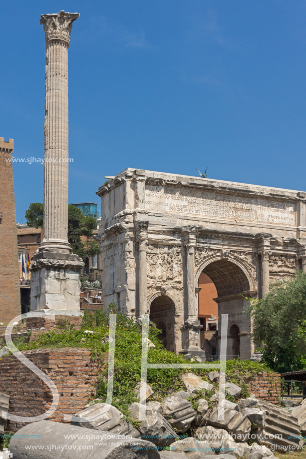 ROME, ITALY - JUNE 24, 2017: Capitoline Hill, Septimius Severus Arch at Roman Forum in city of Rome, Italy