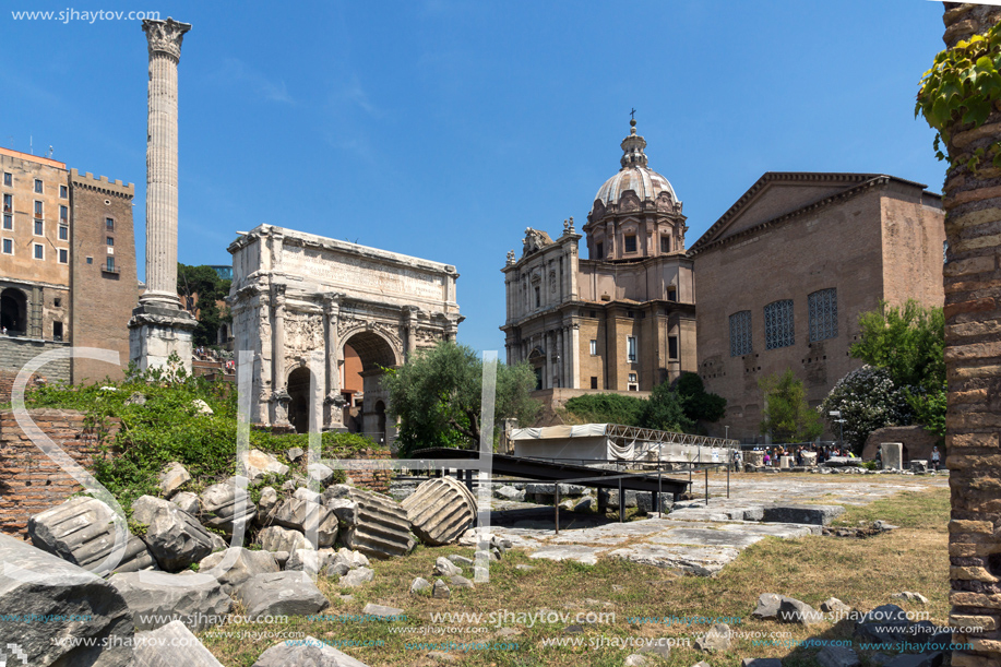 ROME, ITALY - JUNE 24, 2017: Capitoline Hill, Septimius Severus Arch at Roman Forum in city of Rome, Italy