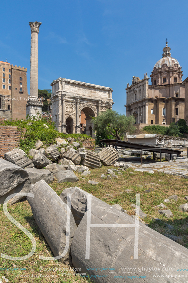 ROME, ITALY - JUNE 24, 2017: Capitoline Hill, Septimius Severus Arch at Roman Forum in city of Rome, Italy