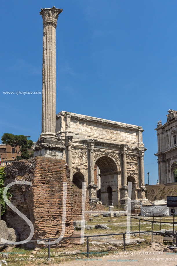 ROME, ITALY - JUNE 24, 2017: Capitoline Hill, Septimius Severus Arch at Roman Forum in city of Rome, Italy